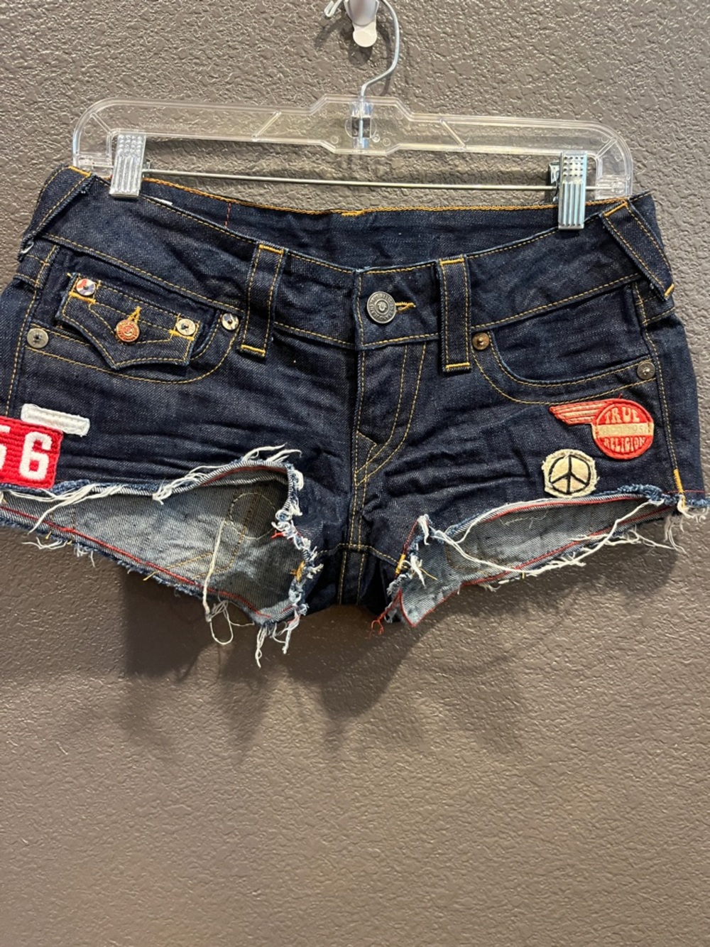 True religion mini micro Dark Blue Distressed Denim Patch Shorts